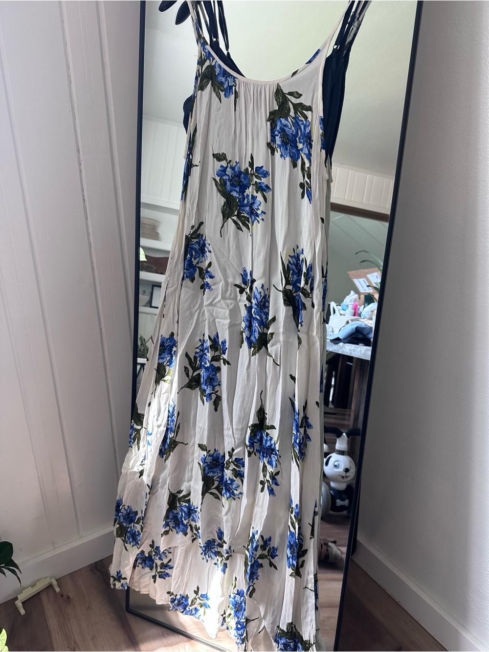 Women's White Maxi Dress with Blue Floral Print - Sleeveless Summer Style